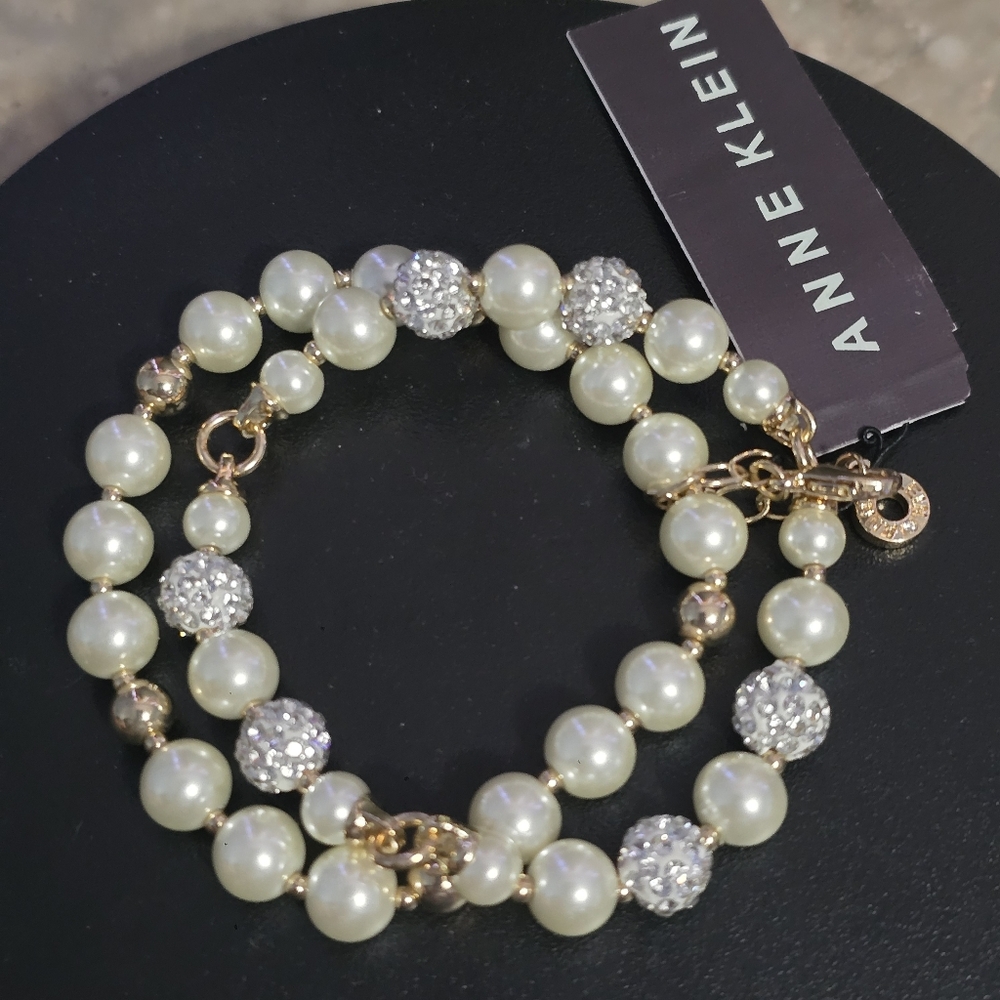 Anne Klein Two Stretch Bracelets with Glass Pearls and Crystal Pave Beads NWT